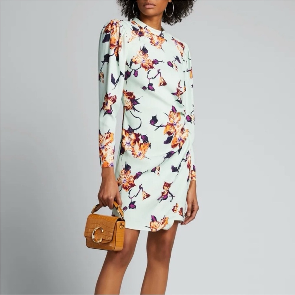 A.L.C. Floral Long-Sleeve Mini Dress in Mint with Orange and Purple Print